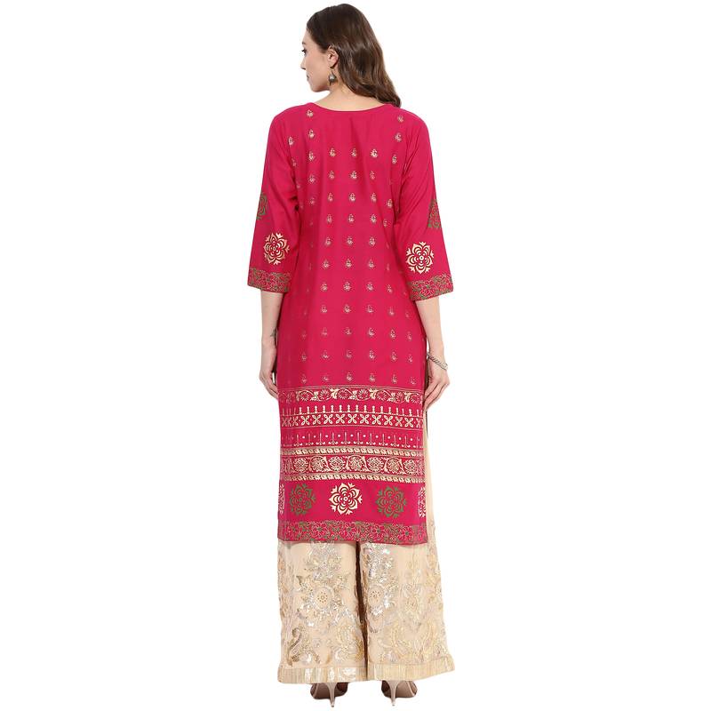 Pink cotton block prints long straight kurti