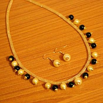 Zircon Studded Black Beads  And  Pearl Necklace Set 1