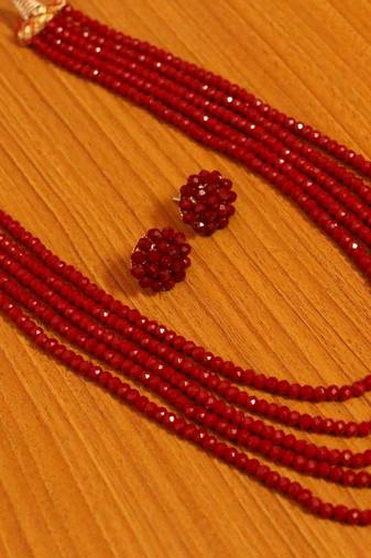 5 Line Ruby Colour Multi Sting Necklace Set