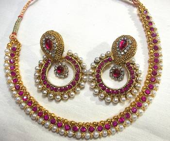 Dark Pink pearl Polki necklace set 1