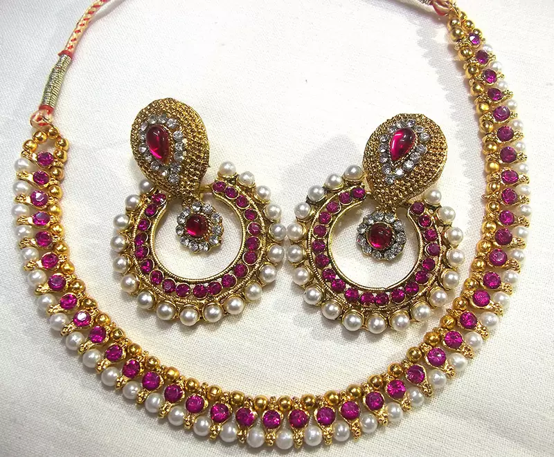 Dark Pink pearl Polki necklace set