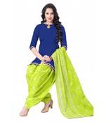 Blue And Parrot Green Printed Cotton Unstitched Salwar With Dupatta