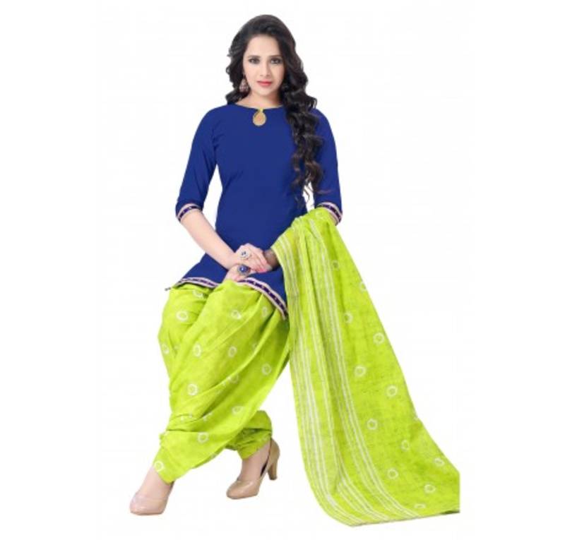 Blue And Parrot Green Printed Cotton Unstitched Salwar With Dupatta