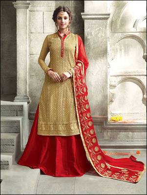 Golden embroidered georgette semi stitched salwar with dupatta 1