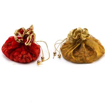 Red And Golden Stylish Net Patterened Pouch- Set Of 2 1
