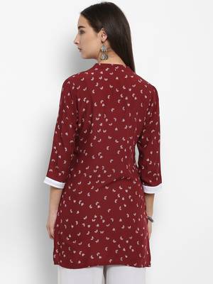 Maroon printed cotton short-kurtis 3