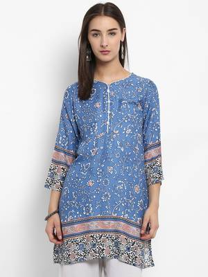 Blue printed cotton short-kurtis 1