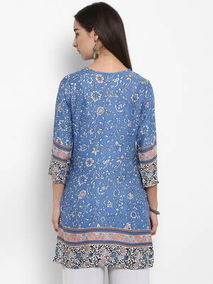 Blue printed cotton short-kurtis 3