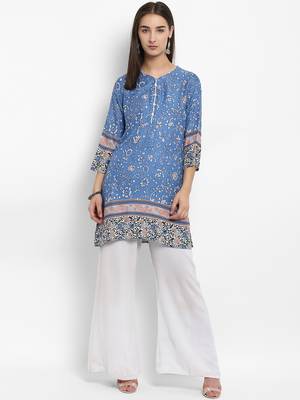 Blue printed cotton short-kurtis 4