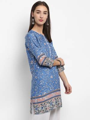 Blue printed cotton short-kurtis 5