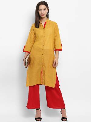 Mustard plain cotton kurtas-and-kurtis 1