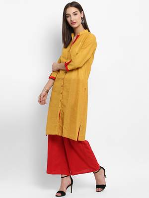 Mustard plain cotton kurtas-and-kurtis 4