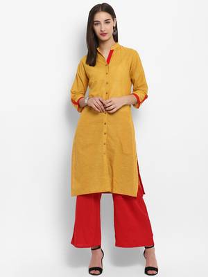 Mustard plain cotton kurtas-and-kurtis 5