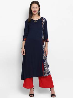 Navy blue embroidered rayon embroidered kurtis 1