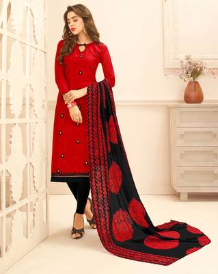 Red embroidered cotton unstitched salwar 1