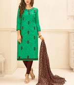 Green embroidered cotton unstitched salwar