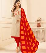 Beige embroidered cotton unstitched salwar