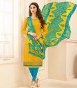 Yellow embroidered cotton unstitched salwar