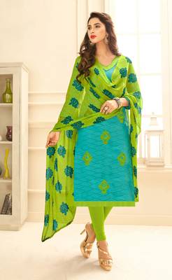 Turquoise embroidered cotton unstitched salwar 1