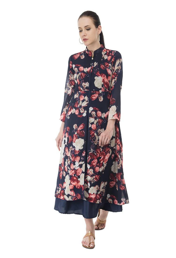 Navy Georgette Digital  Printed Double Layer kurti