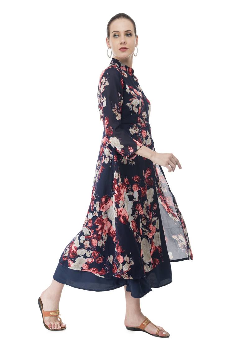 Navy Georgette Digital  Printed Double Layer kurti