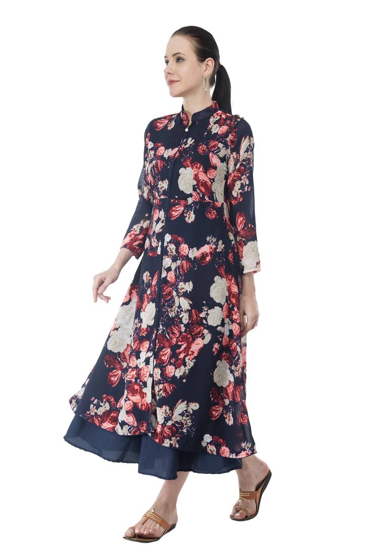Navy Georgette Digital  Printed Double Layer kurti