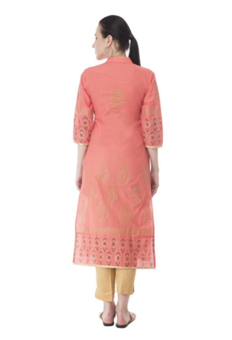 Peach  Cotton Block Printed  Straight kurti