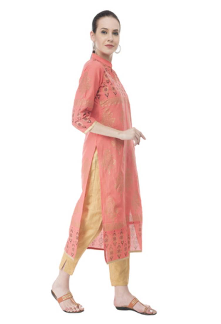 Peach  Cotton Block Printed  Straight kurti
