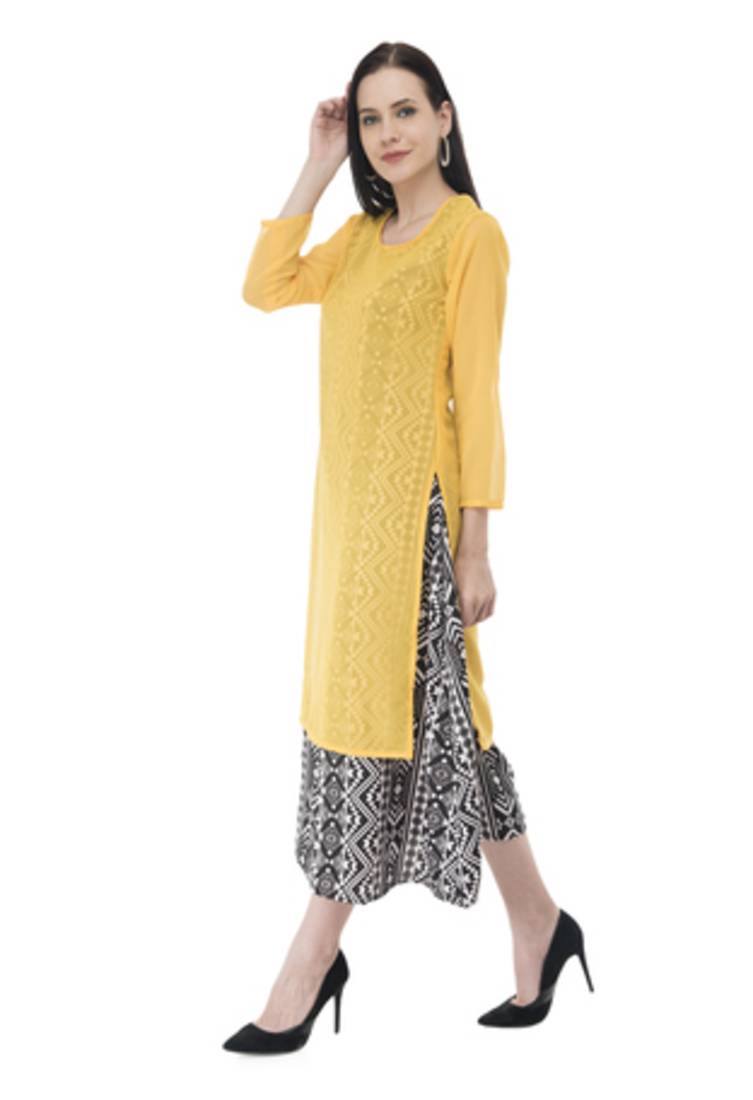 Yellow And Black Georgette Double Layer kurti