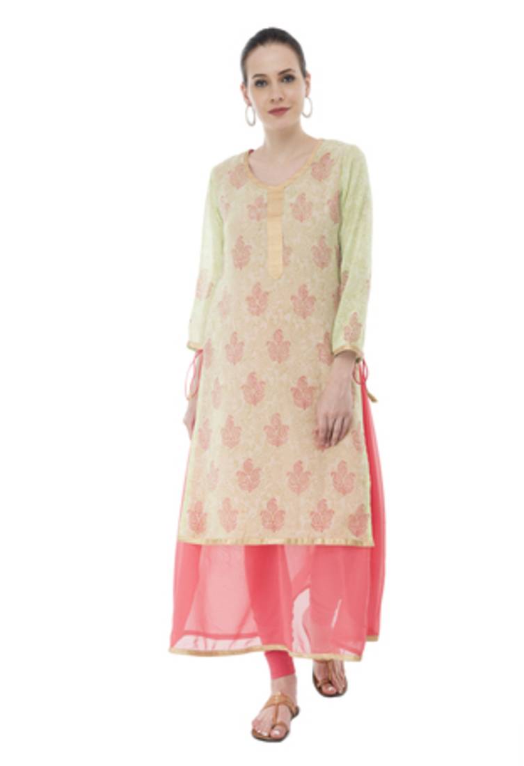 Green And Pink Georgette Double Layer  Kurti