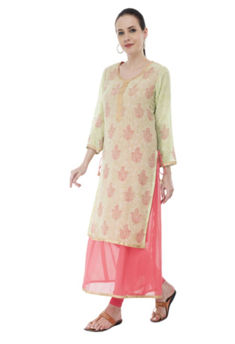 Green And Pink Georgette Double Layer  Kurti