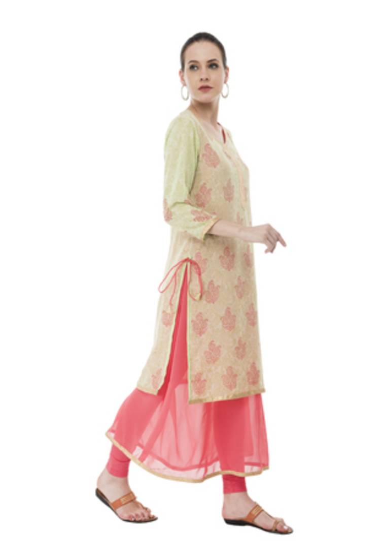 Green And Pink Georgette Double Layer  Kurti