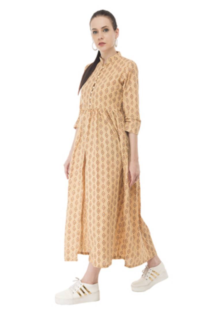 Beige Cotton Digital Printed Flared Kurti