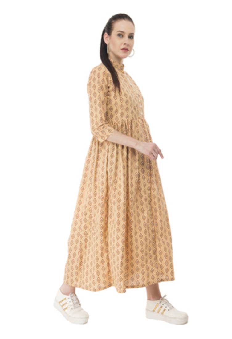 Beige Cotton Digital Printed Flared Kurti