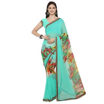 Sea green printed georgette saree with blouse 1