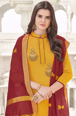 Yellow embroidered cotton unstitched salwar 2