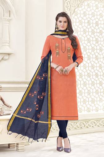 Peach Embroidered Cotton Unstitched Salwar