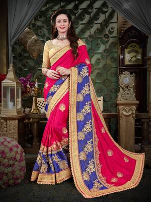 Pink embroidered art silk saree with blouse 1