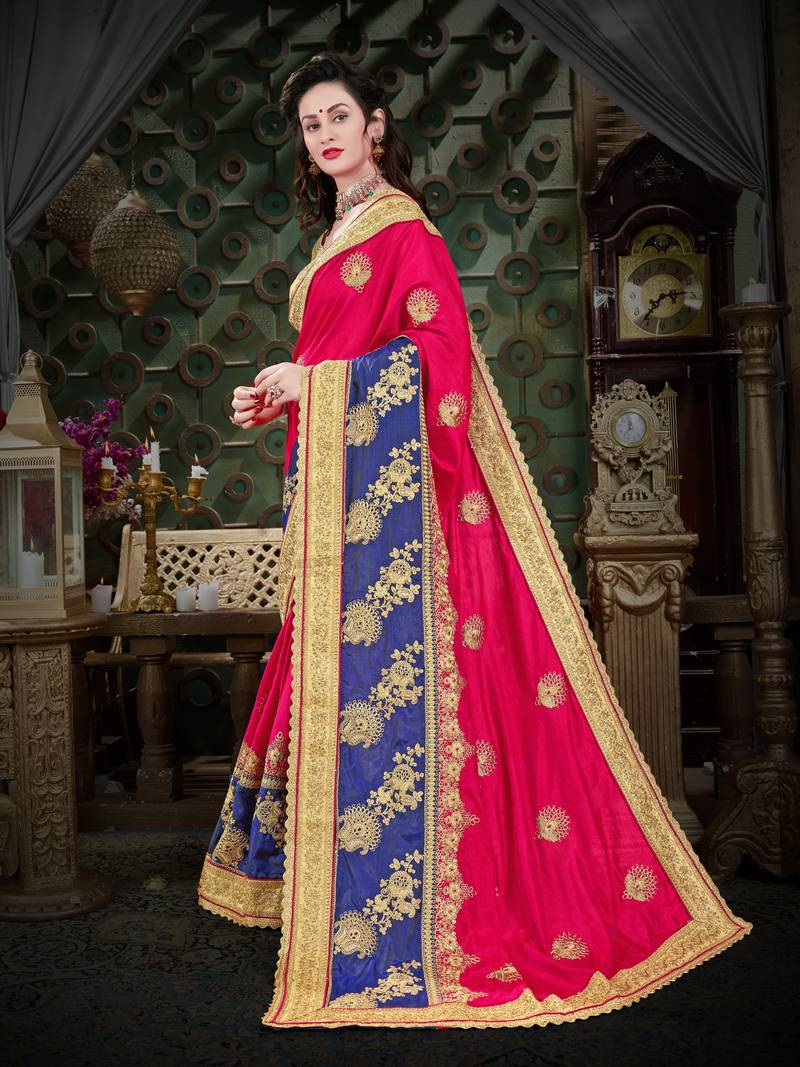 Pink embroidered art silk saree with blouse