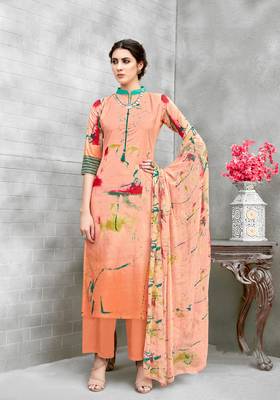 peach printed unstitched salwar kameez with dupatta 2