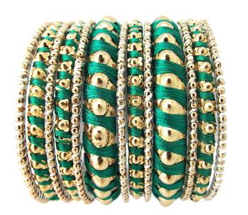 Green Ball Design 14pc Gold Plated Silk Thread Bangles 1