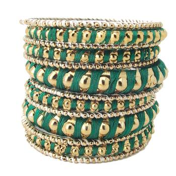 Green Ball Design 14pc Gold Plated Silk Thread Bangles 2
