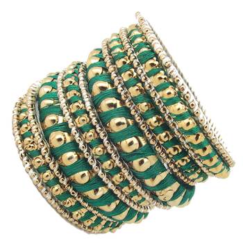 Green Ball Design 14pc Gold Plated Silk Thread Bangles 3