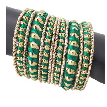 Green Ball Design 14pc Gold Plated Silk Thread Bangles 4