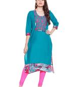 Chhabra 555 cyan blue color printed cotton stiched kurti
