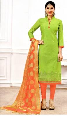 Green Embroidery And Brocade Chanderi And Cotton Unstitched Salwar Kameez With Dupatta 1