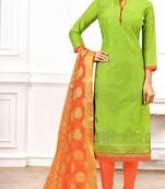 Green Embroidery And Brocade Chanderi And Cotton Unstitched Salwar Kameez With Dupatta