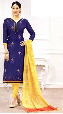 Blue Embroidery And Brocade Chanderi And Cotton Unstitched Salwar Kameez With Dupatta 1