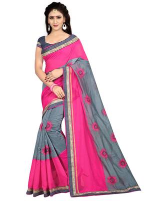 Pink embroidered chanderi saree with banglori blouse 1