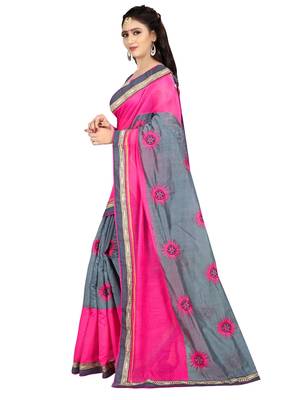 Pink embroidered chanderi saree with banglori blouse 2